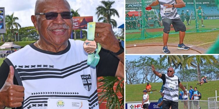 Fiji prime minister, 75, takes bronze in shot put competition