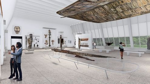 A gallery space with a large wooden ceiling hanging overhead. Guests engage with one another inside the gallery